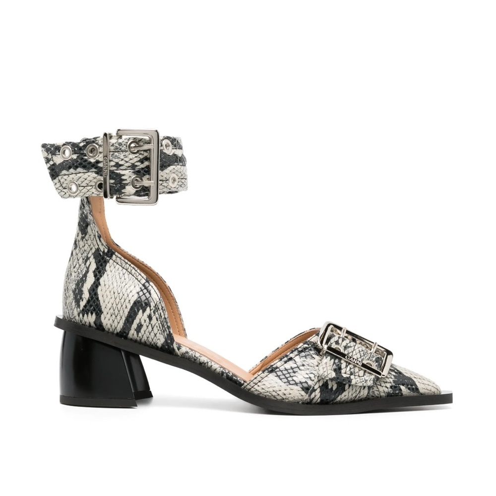 Ganni Black and Cream Snakeskin Heels